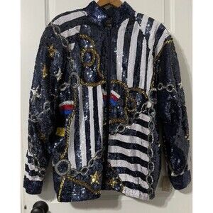 Vintage 80s Modi Silk Sequin Nautical Jacket Large Yacht Club Sailor NWT Flaws